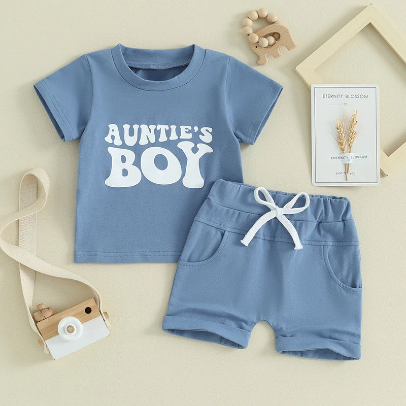 Toddler Baby Boy 2Pcs Summer Clothes Aunties Boy Short Sleeve Crewneck Shirt Top Shorts Set Outfit