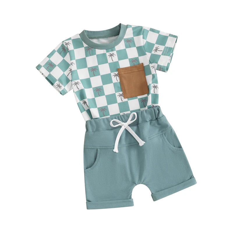 Baby Toddler Boys 2Pcs Summer Spring Shorts Set Short Sleeve Checker Palm Tree Print Top with Elastic Waist Shorts Outfit