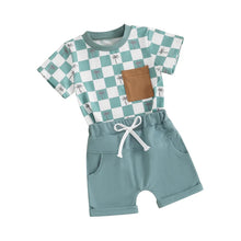 Load image into Gallery viewer, Baby Toddler Boys 2Pcs Summer Spring Shorts Set Short Sleeve Checker Palm Tree Print Top with Elastic Waist Shorts Outfit
