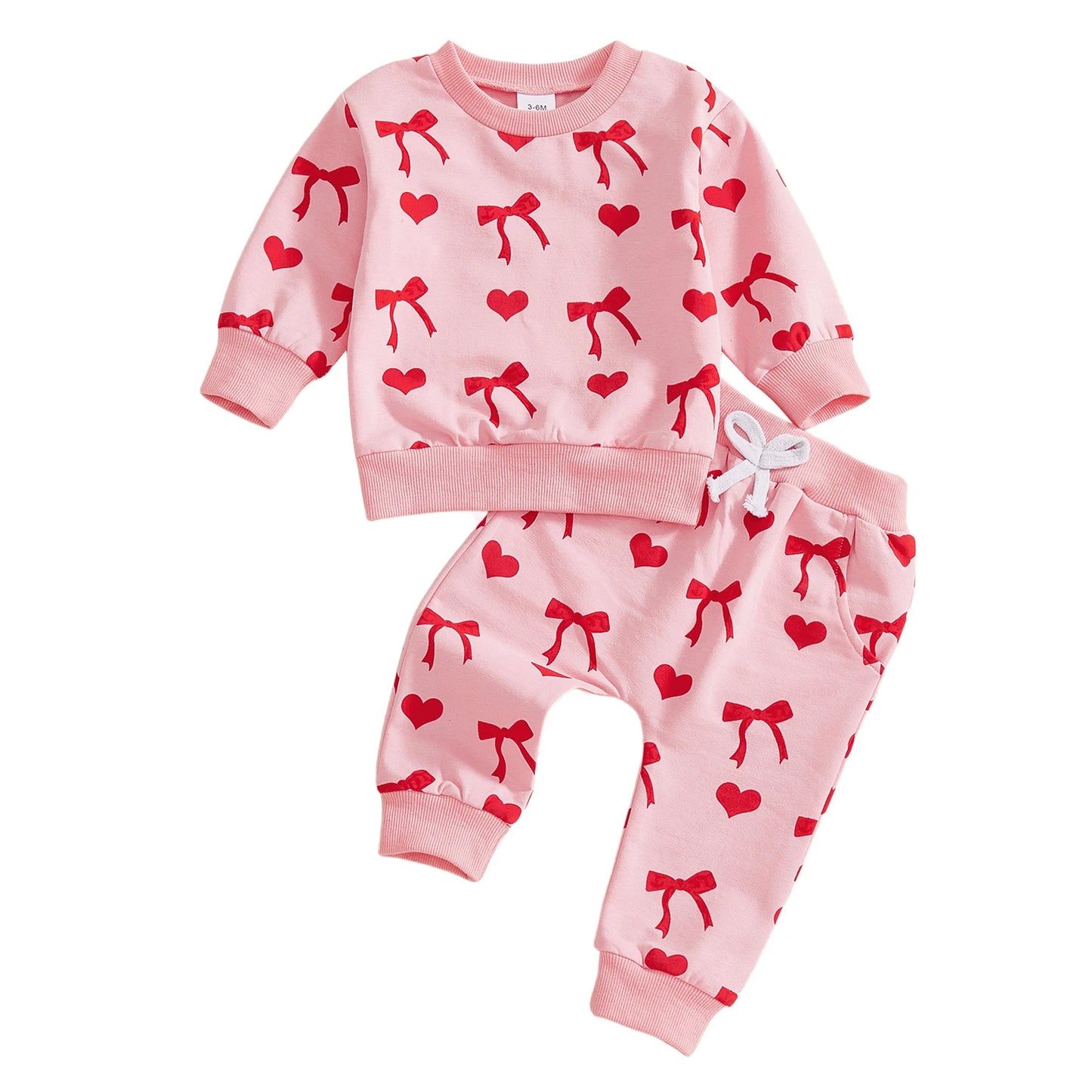 Baby Toddler Girls 2Pcs Valentines Day Outfit Heart Bow Print Long Sleeve Top and Pants Jogger Set