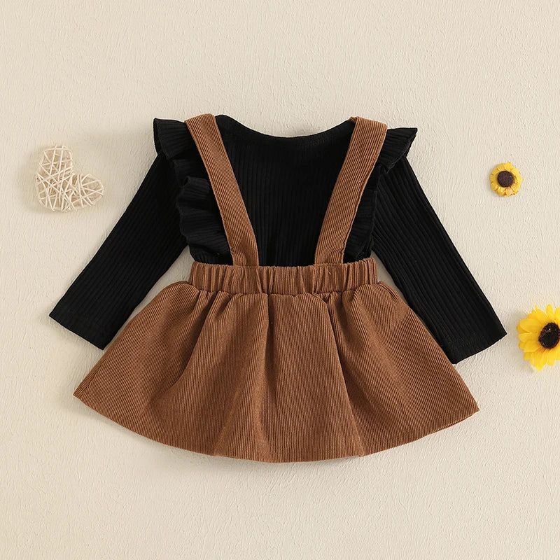 Baby Girl 2Pcs Fall Outfit Solid Ruffled Long Sleeve Crew Neck Romper with Corduroy Suspender Skirt 2Pcs Set