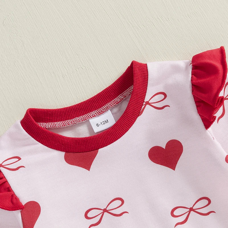 Baby Toddler Girls 2Pcs Valentine's Day Outfit Bow Heart Print Ruffle Long Sleeve Top and Elastic Jogger Pants Valentines Set