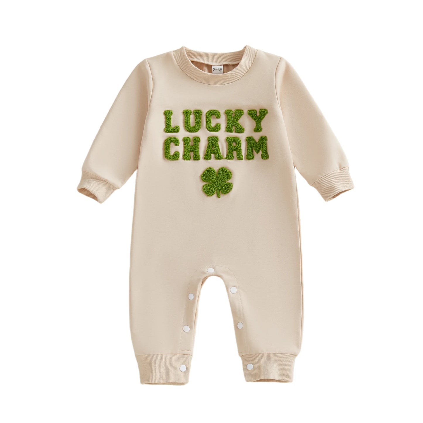 Baby Boys Girls Lucky Charm Irish Romper Fashionable Letters Shamrock Embroidery Crew Neck Long Sleeve St. Patrick's Day Jumpsuit
