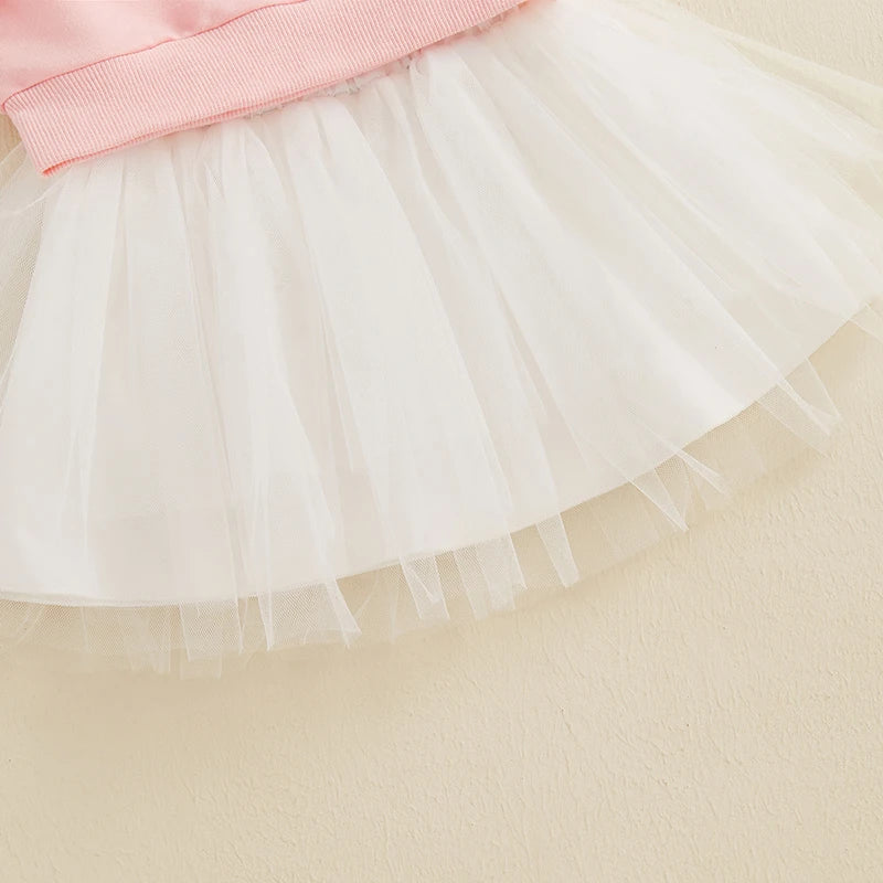 Baby Toddler Girls 2Pcs Valentine's Day Outfit Sweet Heart Letter Print O-Neck Long Sleeve Top Layered Tulle Tutu Skirt Clothes Set