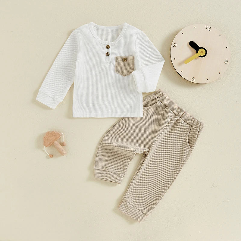 Baby Toddler Boy 2Pcs Outfit Long Sleeve Waffle Pocket Button Top + Pants Set