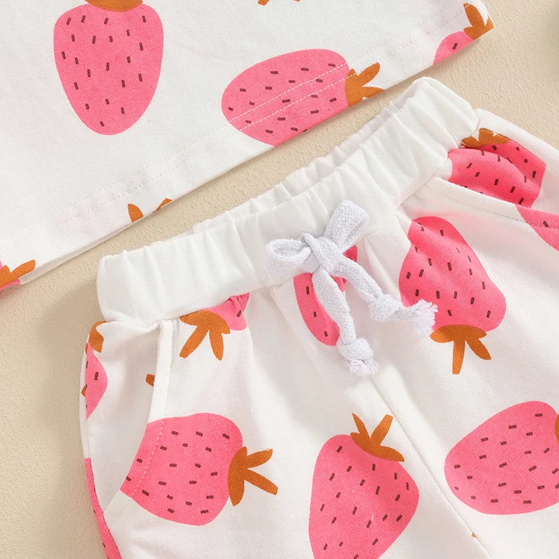 Baby Toddler Girls 2Pcs Outfit Strawberry Print Short Sleeve Top and Elastic Shorts Set Cute Summer Clothes