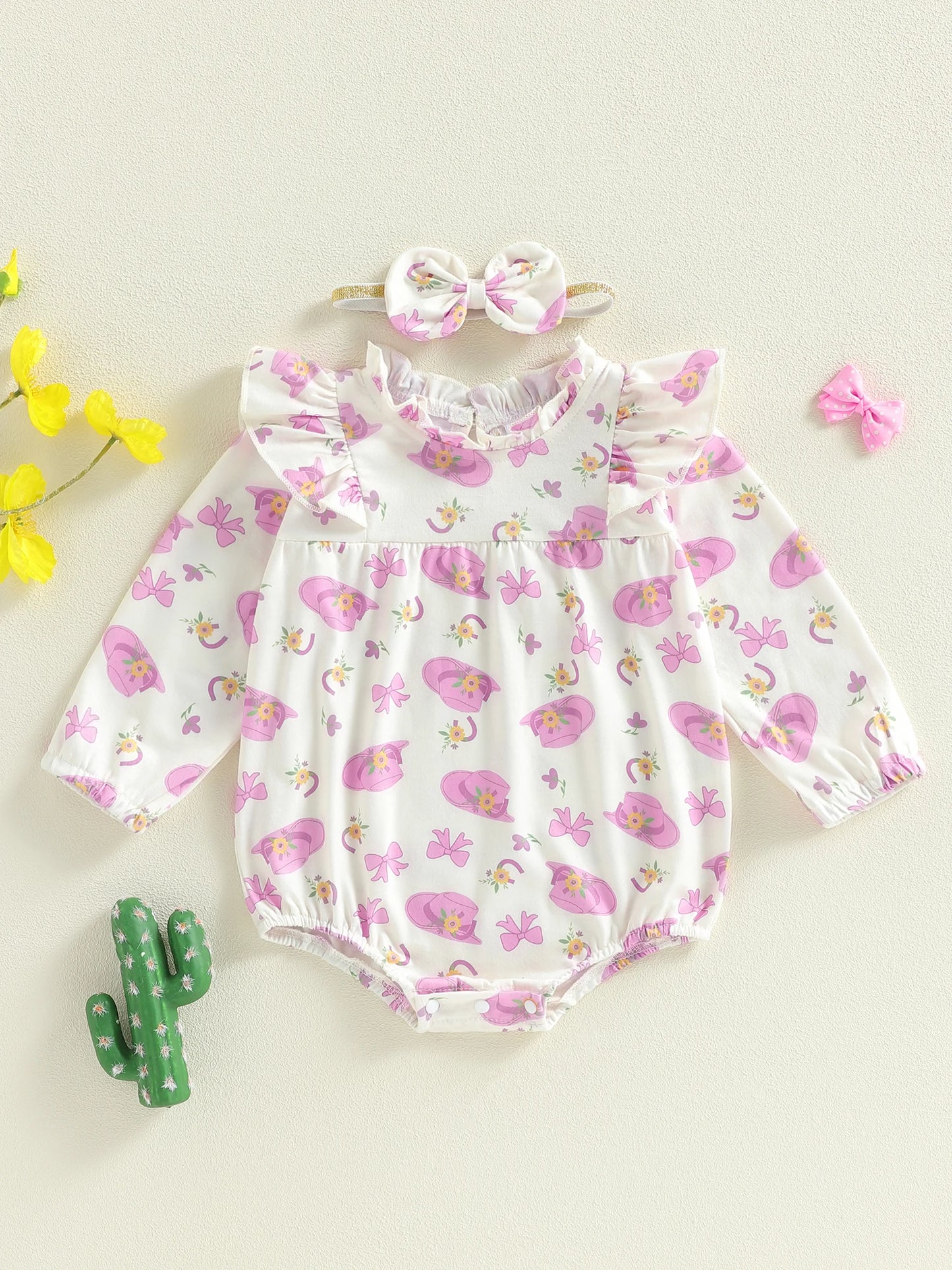 Baby Girl 2Pcs Outfit Long Sleeve Crew Neck Hat Bow Print Romper with Hairband Fall Clothes Set