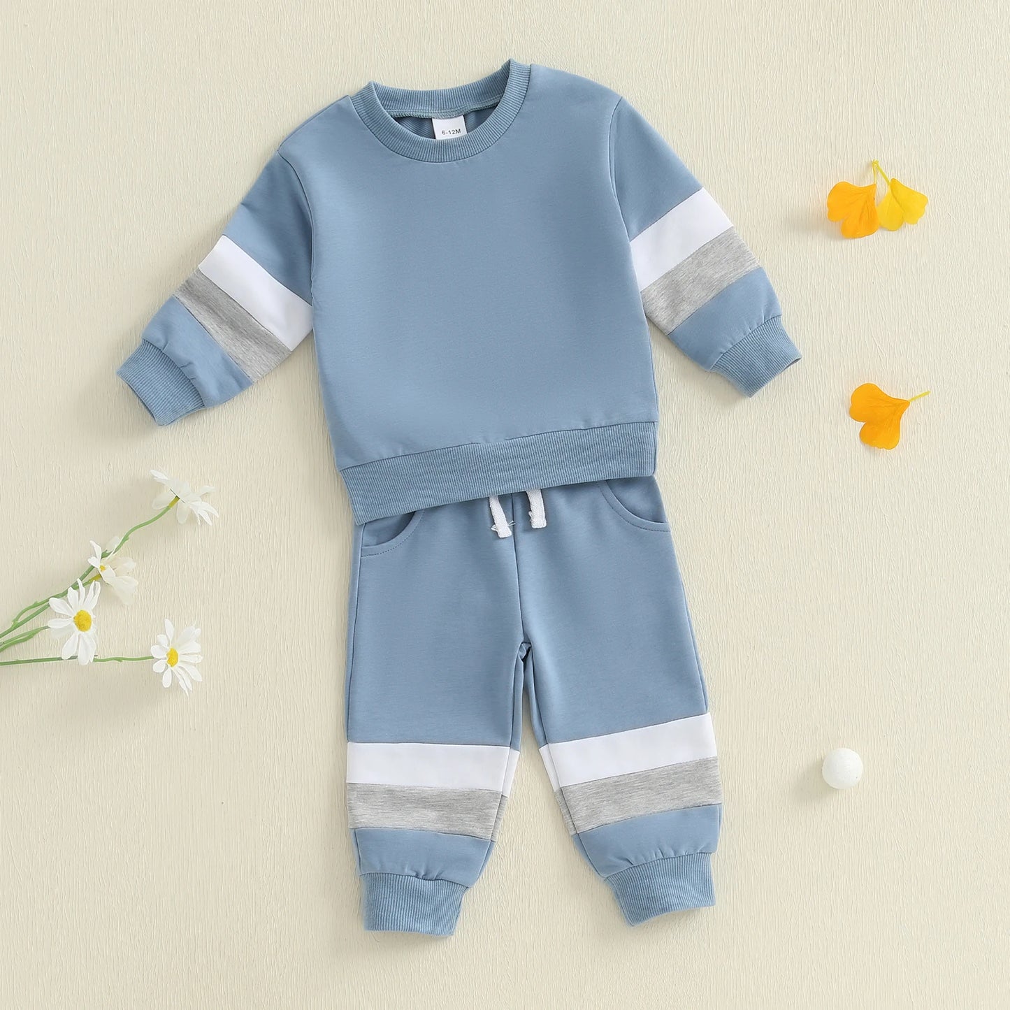 Baby Toddler Boys 2Pcs Casual Clothes Set Color Patchwork Long Sleeve Pullover Top with Elastic Waist Jogger Pants