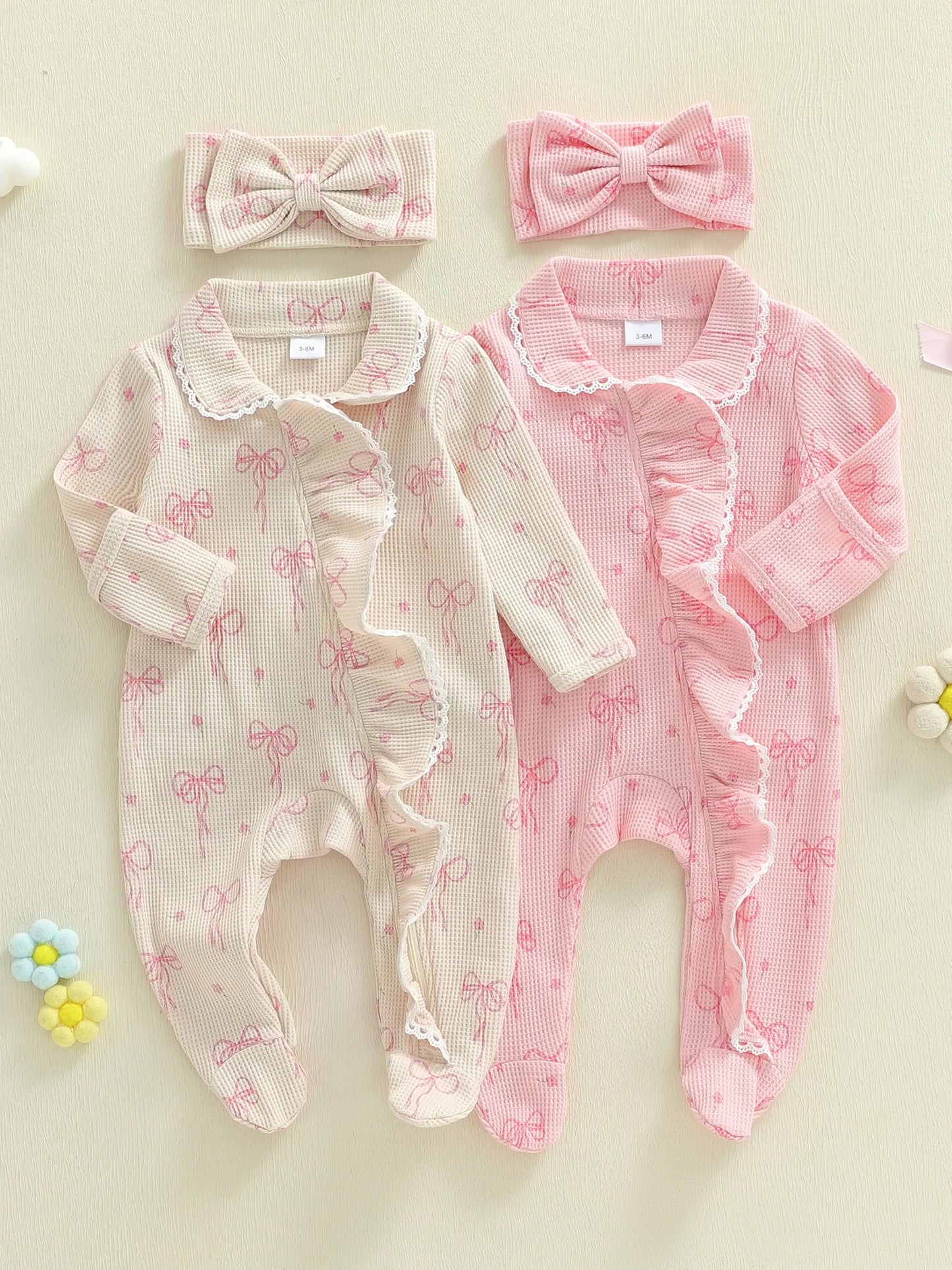 Baby Girl 2Pcs Romper Waffled Bow Print Long Sleeve Zip Up Footed Jumpsuit with Headband Set