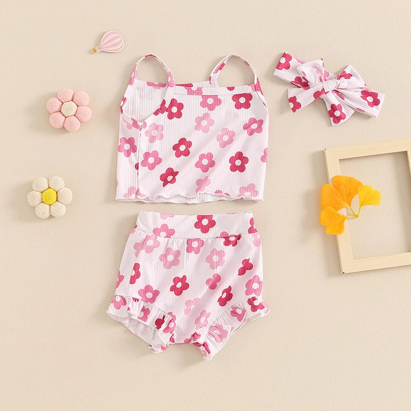 Baby Girls 3Pcs Outfit Floral Sleeveless Camisole Tank Top and Elastic Ruffle Shorts Headband Set Clothes