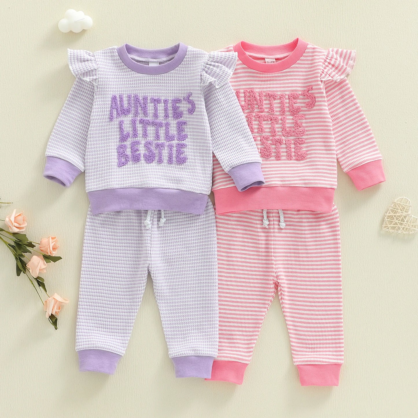 Baby Toddler Girl 2Pcs Auntie's Little Bestie Outfits Long Sleeve Letter Top Elastic Waist Pants Set Clothes