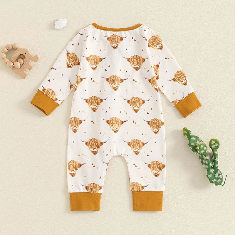 Baby Boys Girls Jumpsuit Long Sleeve Highland Cow Horse Print Fall Zipper Romper