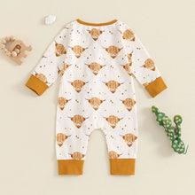 Load image into Gallery viewer, Baby Boys Girls Jumpsuit Long Sleeve Highland Cow Horse Print Fall Zipper Romper
