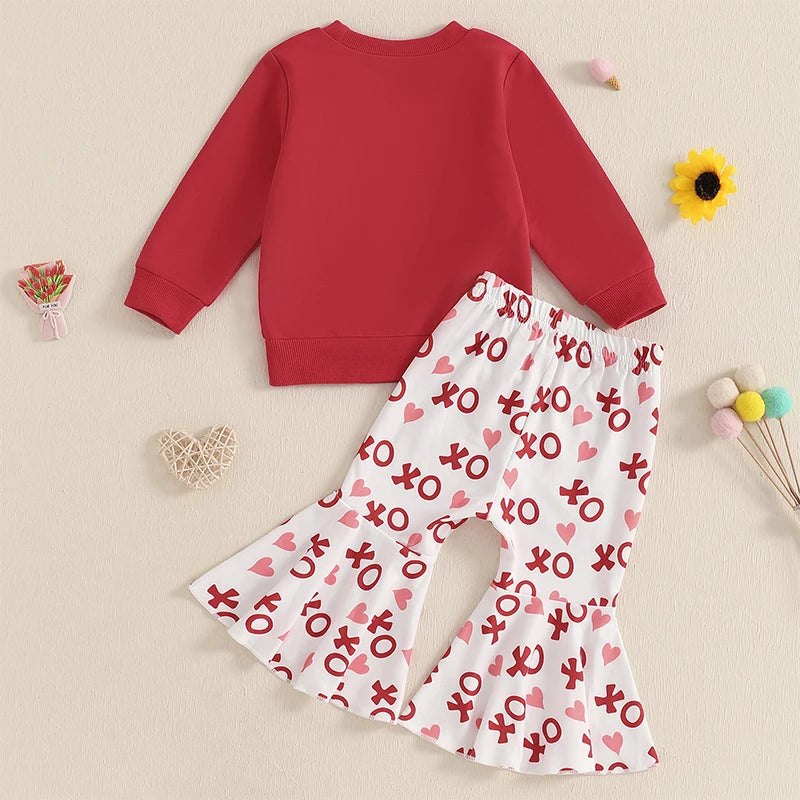 Baby Toddler Girls 2Pcs XOXO Valentine's Day Outfit Letter Embroidery Long Sleeve Crewneck Top with Heart Pattern Flare Pants Valentines Set