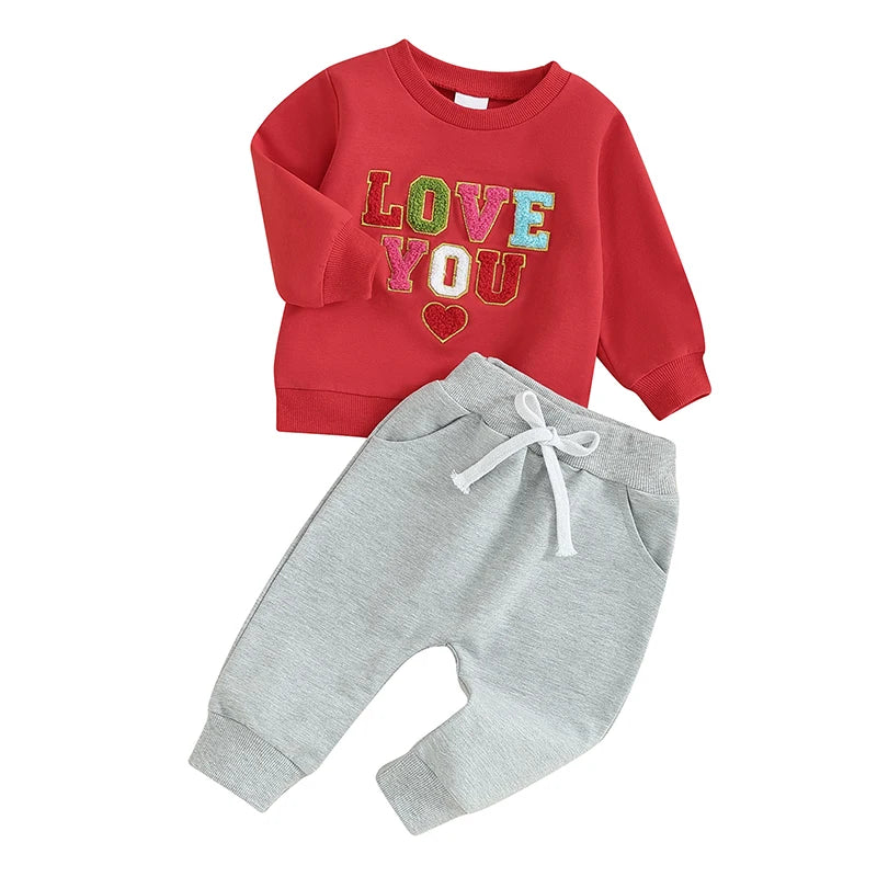 Toddler Baby Boys Girls 2Pcs Valentine's Day Outfits Letter Fuzzy LOVE YOU heart Embroidered Long Sleeve Top With Pants Set