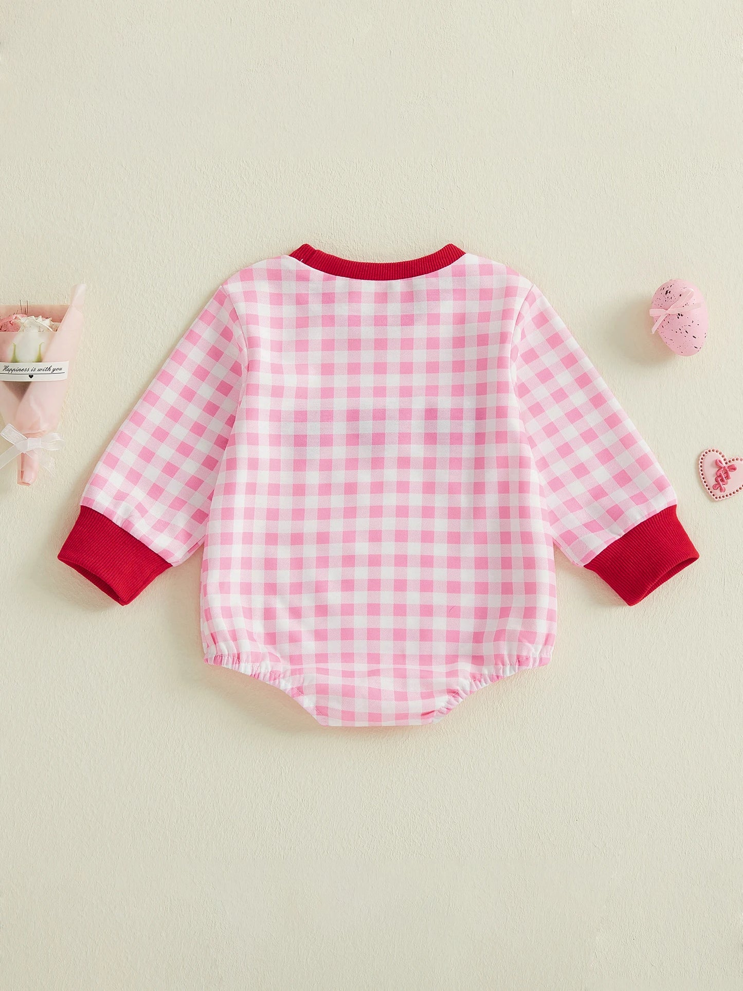 Baby Girls Romper Long Sleeve Crew Neck Plaid Embroidery Heart Bodysuit Valentine's Day Clothes