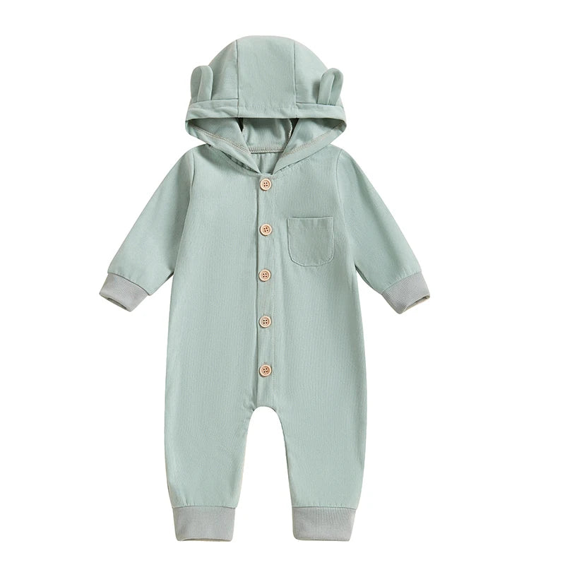 Baby Boys Girls Button-up Jumpsuit Cute Bear Ears Hooded Long Sleeve Chest Pocket Fall Romper Unisex