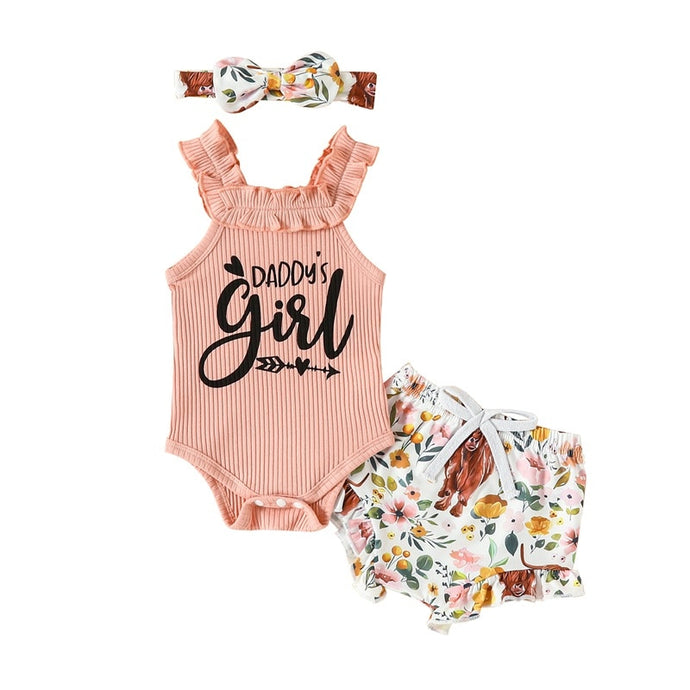 Infant Baby Girl 3Pcs Outfits Tank Top Daddys Little Girl Romper Cow Floral Print Shorts and Headband