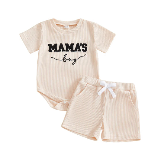 Baby Boys 2Pcs Mama's Boy Shorts Set Letter Embroidered Short Sleeve Romper and Shorts 2 Piece Waffle Knit Summer Outfit