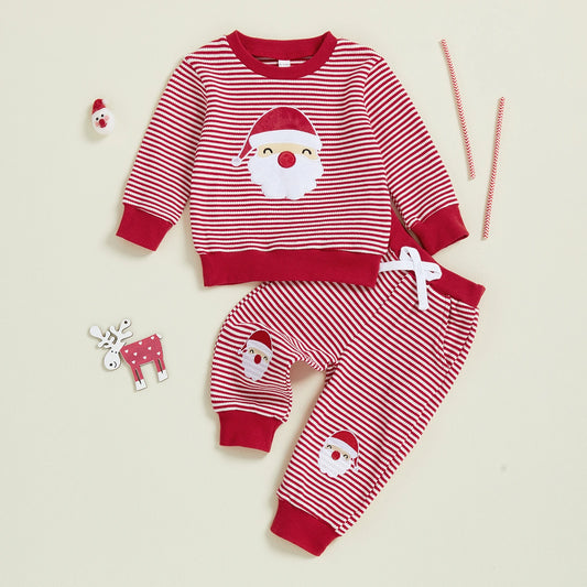 Baby Toddler Boys 2Pcs Striped Set Santa Claus Embroidery Long Sleeve Pullover Top with Pants Christmas Outfit