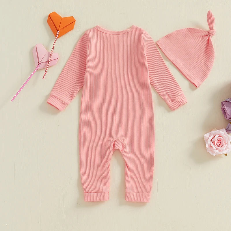 Baby Boys Girls 2Pcs Valentine's Day Heart Print Long Sleeve Ribbed Romper Hat Valentines Outfit Set