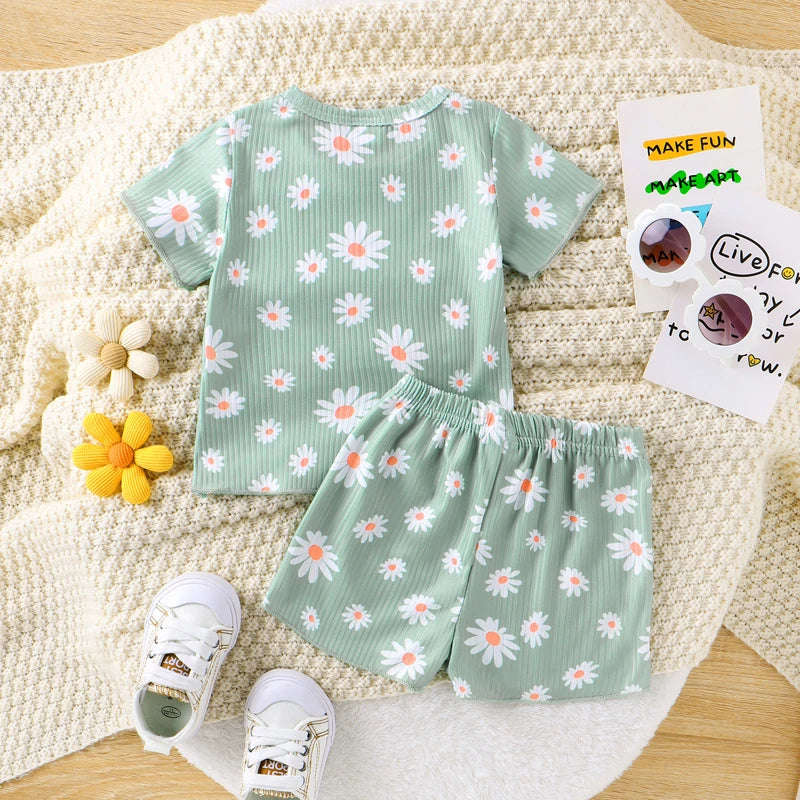 Baby Toddler Girl 2Pcs Clothes Set Round Neck Short Sleeve Daisy Flower Print Top + Elastic Waist Shorts Outfit