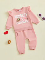 Baby Toddler Girls 2Pcs Fall Outfit Huddle & Cuddles Long Sleeve Bow Football Print Top + Pants Jogger Set Clothes