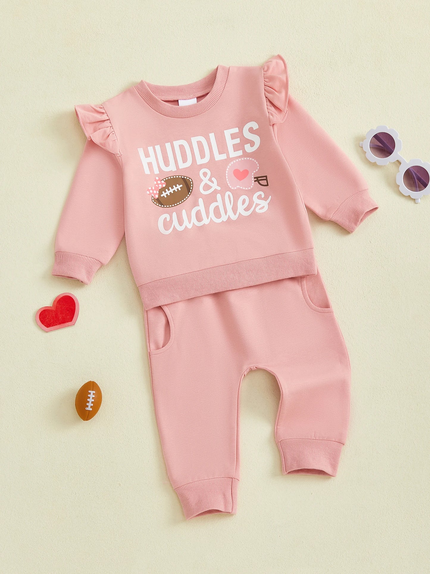Baby Toddler Girls 2Pcs Fall Outfit Huddle & Cuddles Long Sleeve Bow Football Print Top + Pants Jogger Set Clothes