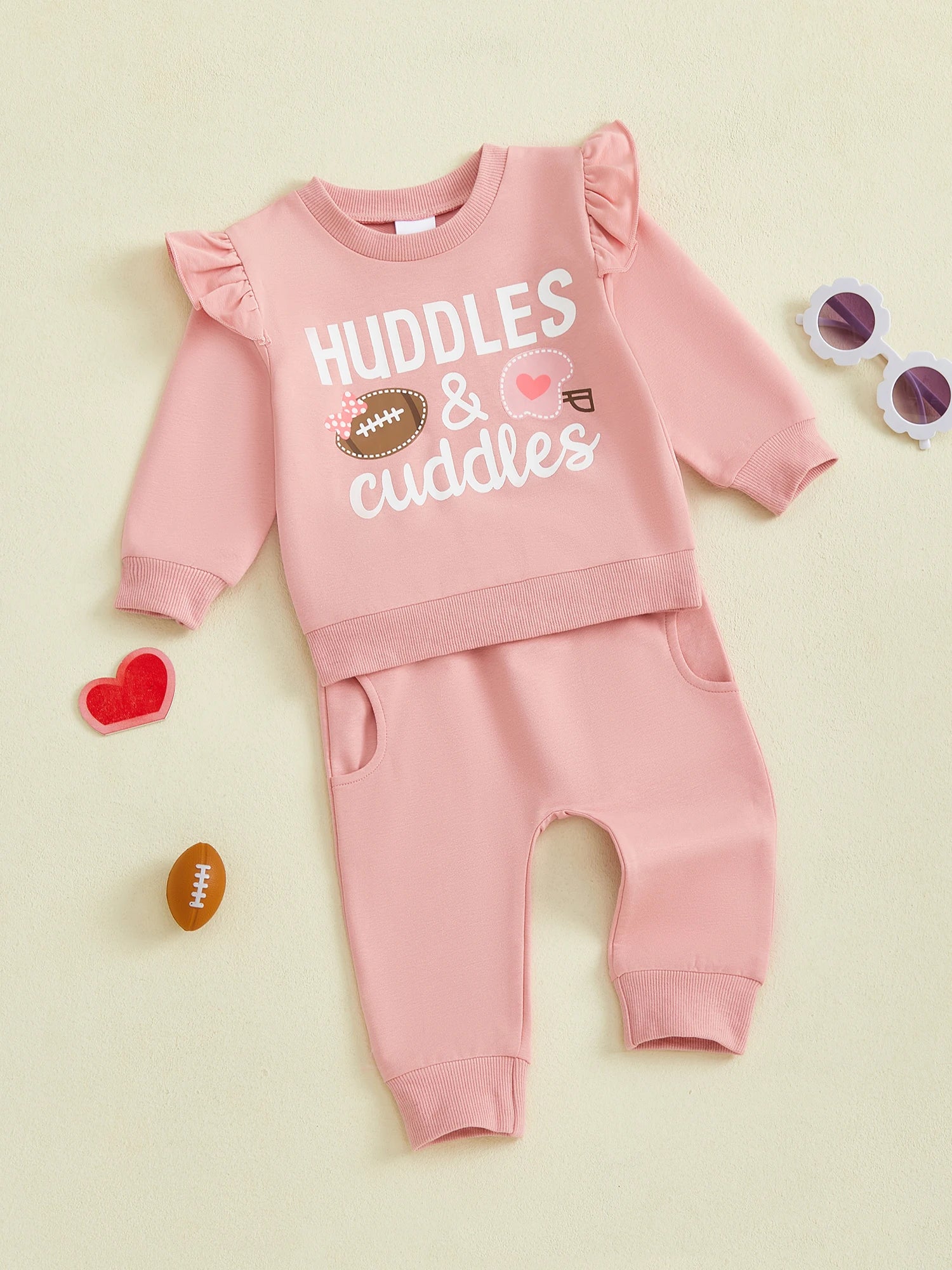 Baby Toddler Girls 2Pcs Fall Outfit Huddle & Cuddles Long Sleeve Bow Football Print Top + Pants Jogger Set Clothes