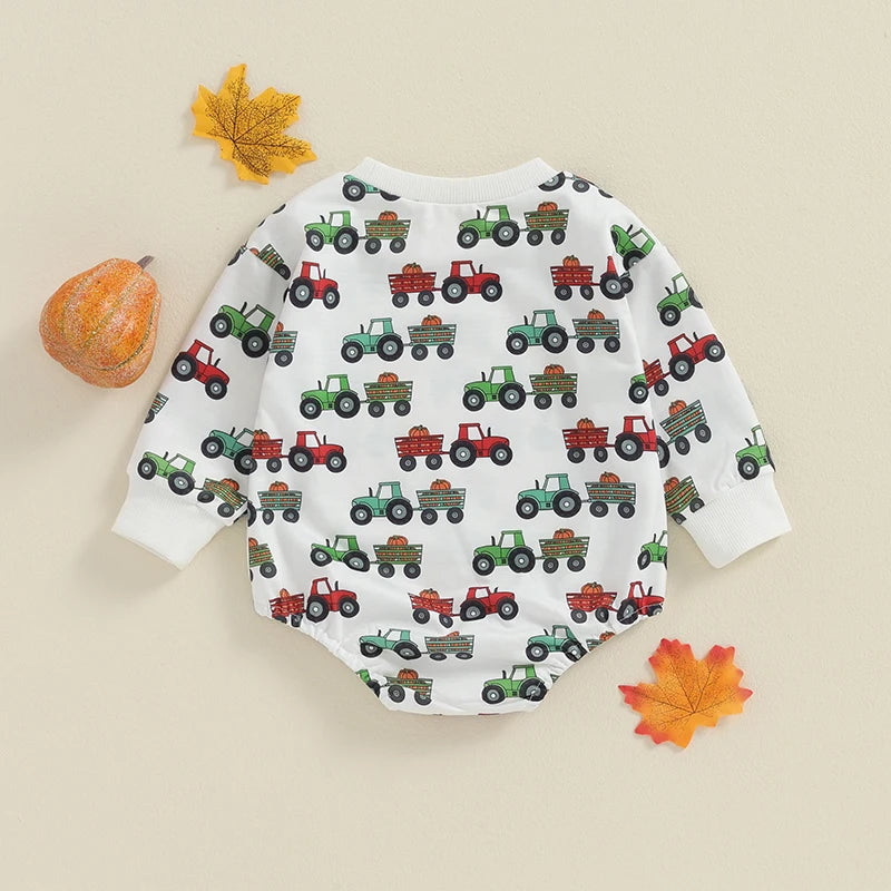 Baby Boys Romper Cartoon Tractor Wagon Pumpkin Print Round Neck Long Sleeve Jumpsuit Fall Bodysuit