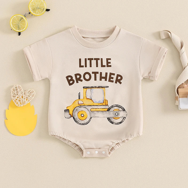 Baby Boy Summer Romper Little Brother Short Sleeve Round Neck Fire Truck Tractor Letter Print Bodysuit