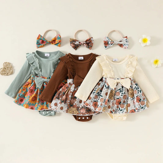 Baby Toddler Girls 2Pcs Fall Outfit Flower Print Ruffle Trim Long Sleeve Romper Dress Skirt Bow Headband Set