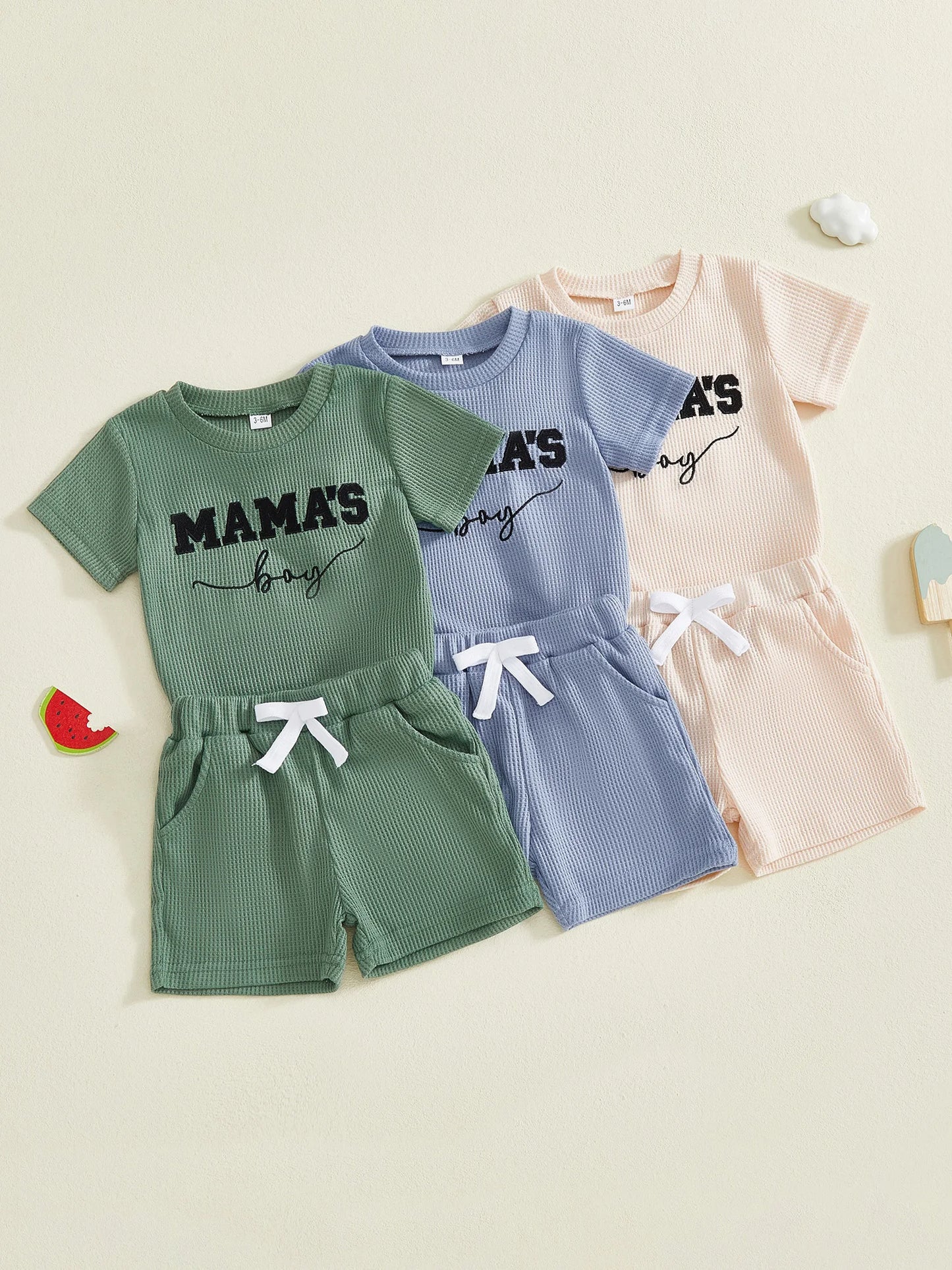 Baby Boys 2Pcs Mama's Boy Shorts Set Letter Embroidered Short Sleeve Romper and Shorts 2 Piece Waffle Knit Summer Outfit