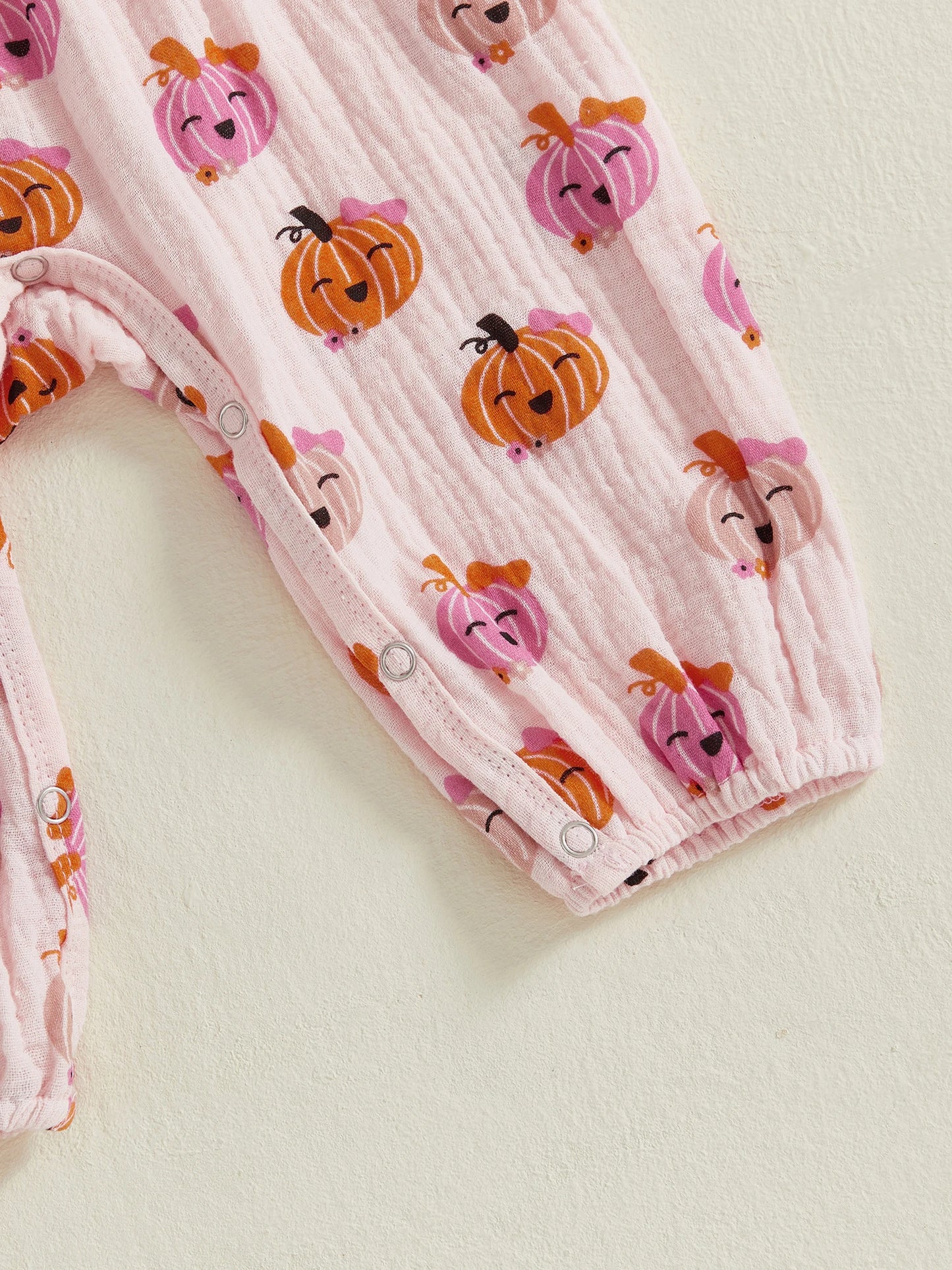Baby Girl 2Pcs Halloween Outfit Pumpkin Ruffle Trim Long Sleeve Romper Tie-up Headband Cotton Linen Set