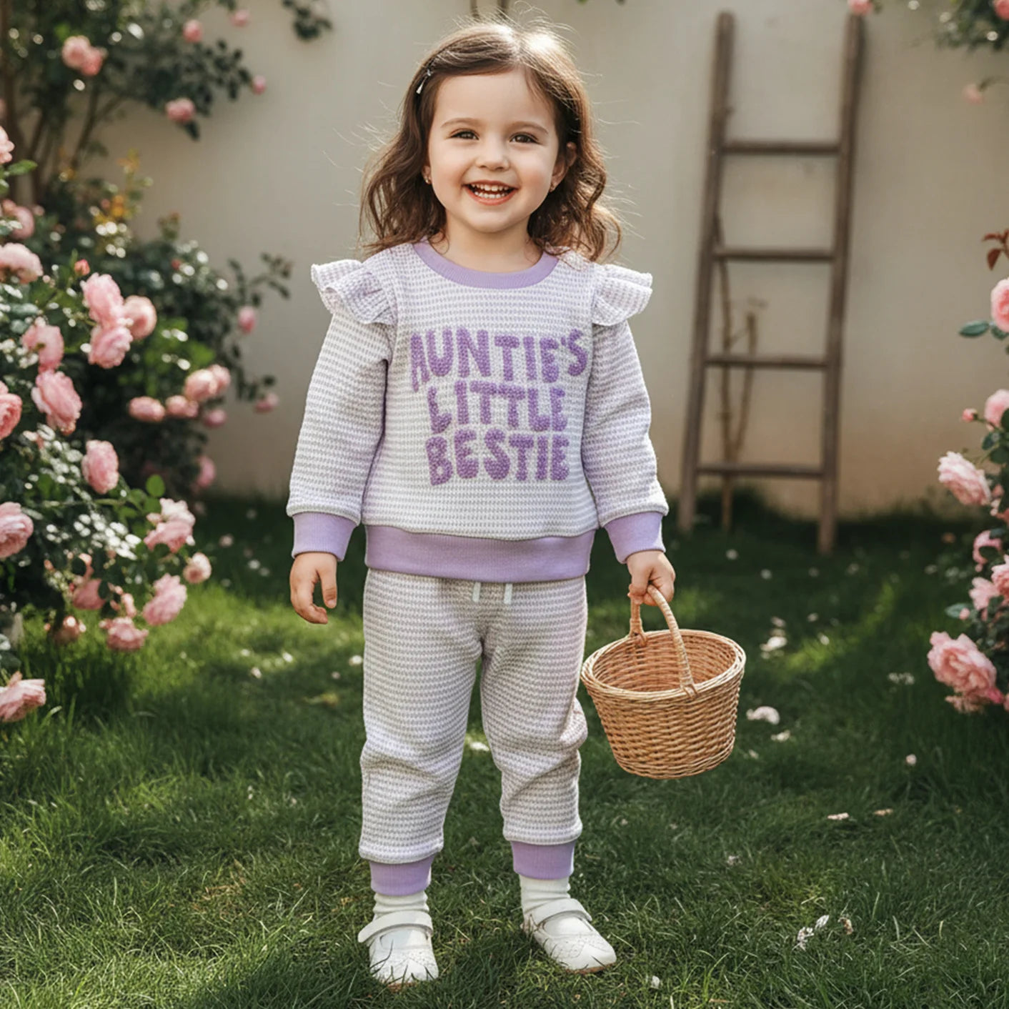 Baby Toddler Girl 2Pcs Auntie's Little Bestie Outfits Long Sleeve Letter Top Elastic Waist Pants Set Clothes