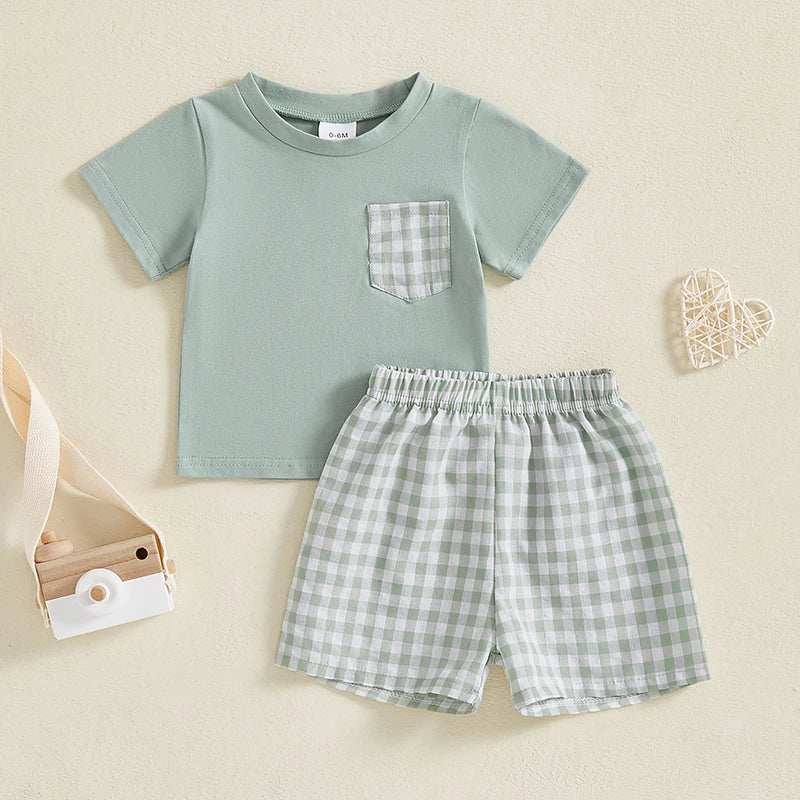 Baby Toddler Boys 2Pcs Summer Spring Outfit Pocket Round Neck Short Sleeve Top with Plaid Pattern Shorts Set