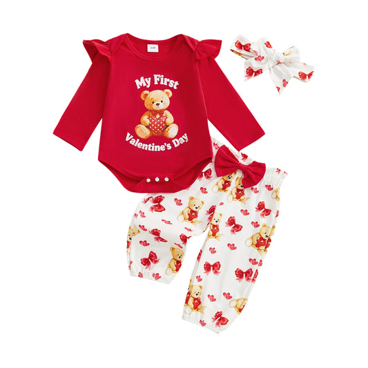 Baby Girl 3Pcs My First Valentine's Day Outfit Ruffle Long Sleeve Crew Neck Bear Print Romper Elastic Waist Pants and Headband Set