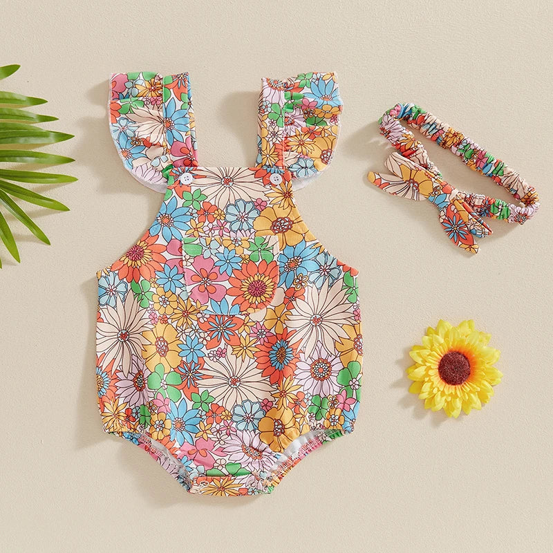 Baby Girl 2Pcs Outfit Fly Sleeve Flower Print Romper with Hairband Summer Clothes Set