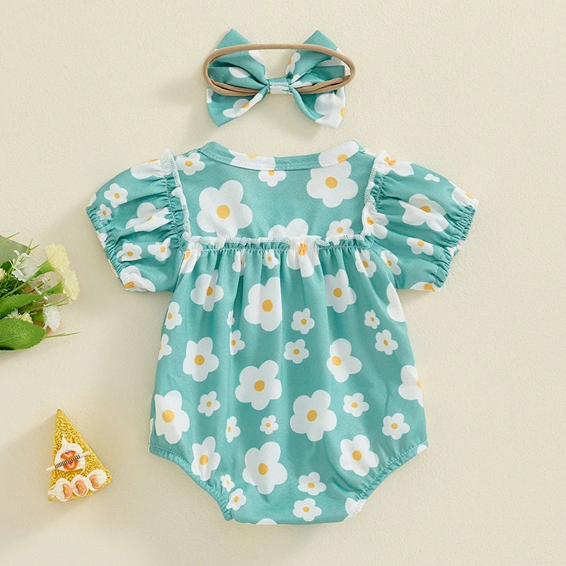 Baby Girls 2Pcs Outfit Short Sleeve Crew Neck Flower Print Bodysuit with Bow Headband Summer Clothes Set