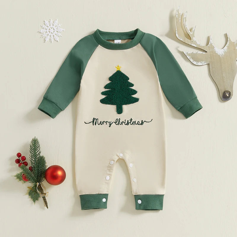 Baby Boy Merry Christmas Jumpsuit Christmas Tree Letter Embroidered Round Neck Raglan Long Sleeve Romper