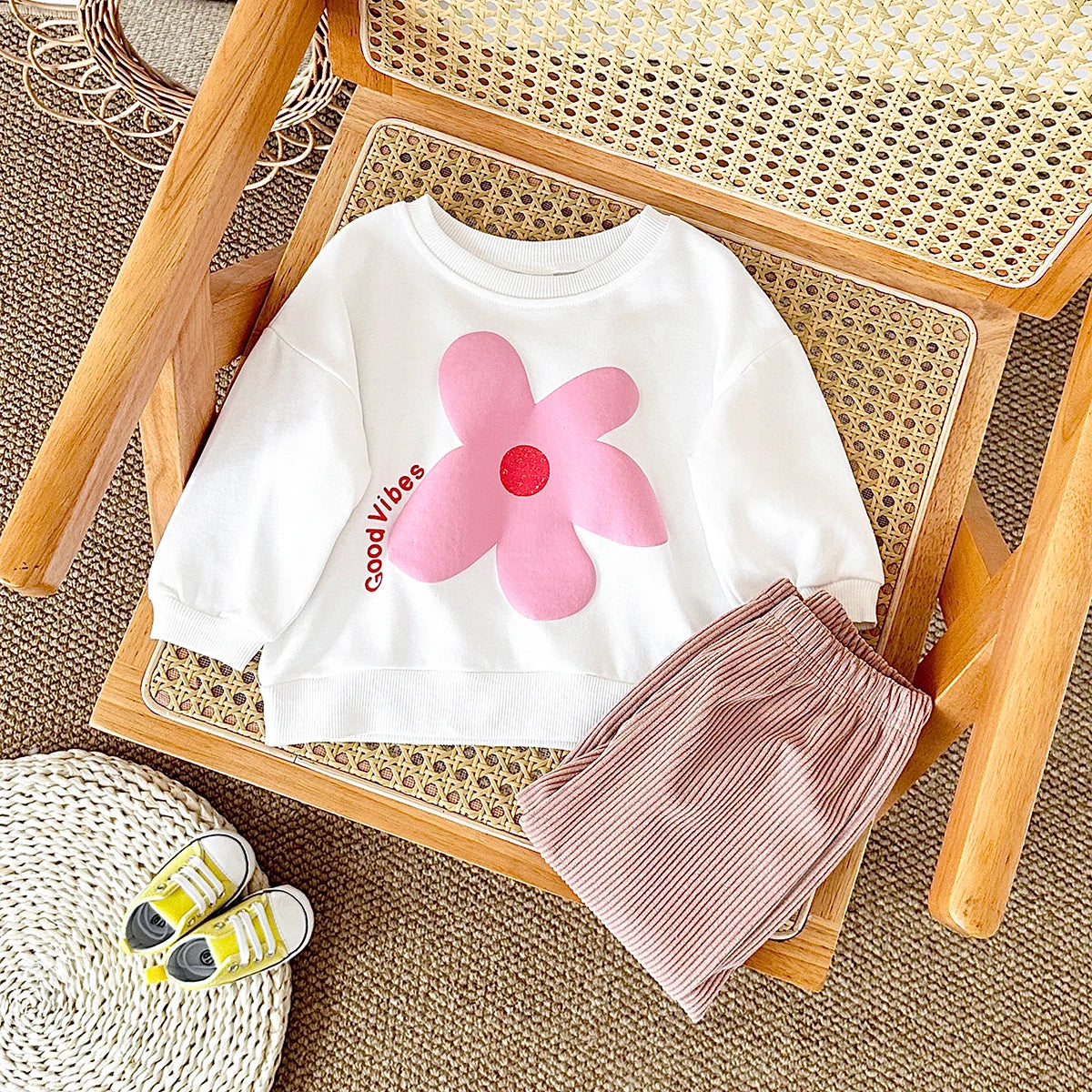 Baby Toddler Girls Boys 2Pcs Set Flowers / Waves / Sun Good Vibes Letters Print Pullover Long Sleeve Crewneck Top + Corduroy Pants Outfit