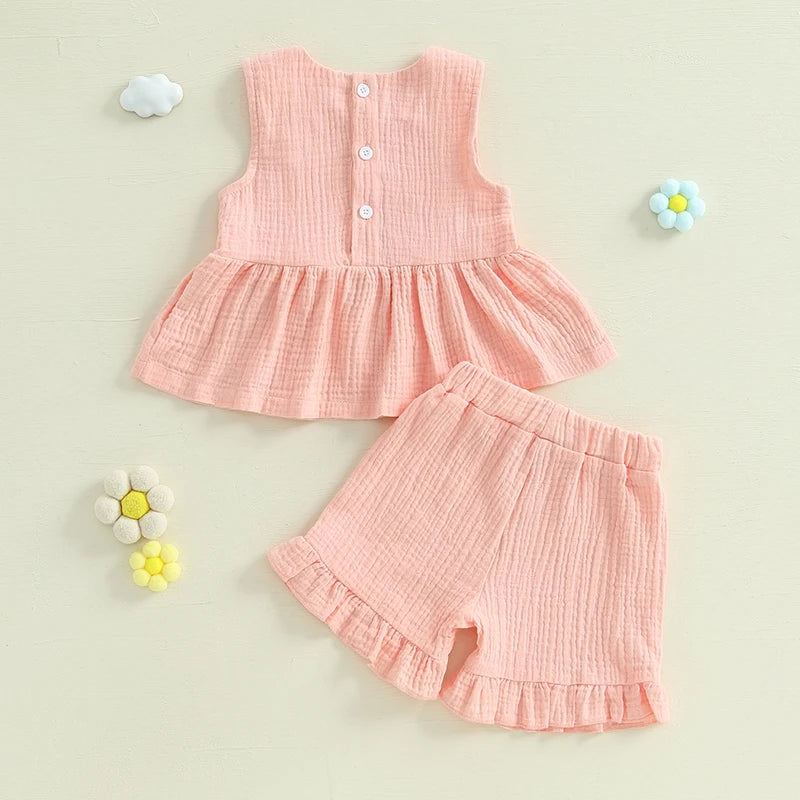 Baby Toddler Kids Girl 2Pcs Summer Clothes Solid Color Bow Round Neck Tank Top + Elastic Waist Ruffled Shorts Set