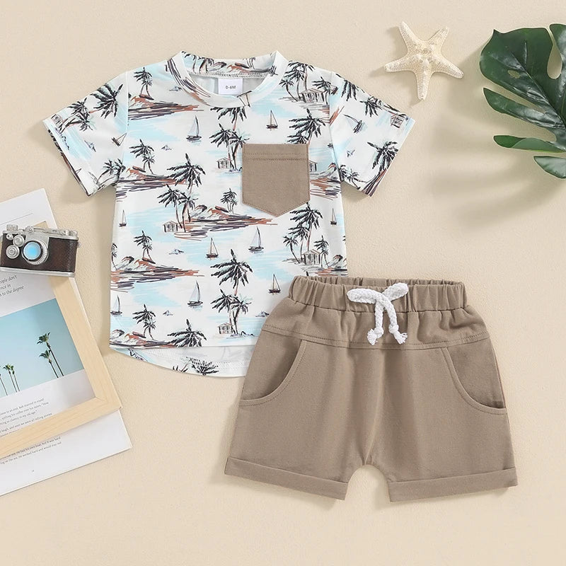 Baby Toddler Boys 2Pcs Summer Outfit Beach Style Palm Tree Coconut Van Surf Print Short Sleeve Top Elastic Waist Shorts Set