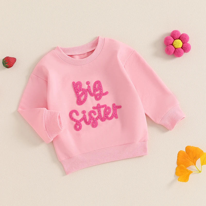 Toddler Kids Girls Big Sister Long Sleeve Crewneck Letter Embroidery Loose Fit Pullover Top