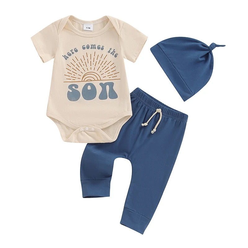 Baby Boys 3Pcs Here Comes the Son Outfit Sun Letters Print Short Sleeve Romper with Elastic Waist Long Pants and Hat Set