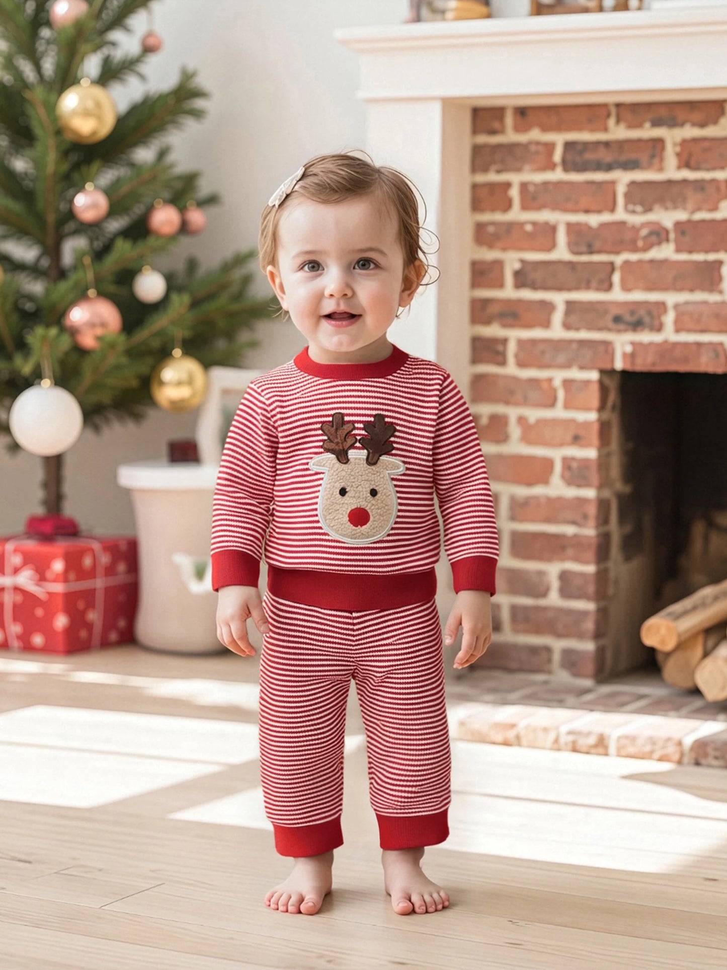 Baby Toddler Boys Girls 2Pcs Christmas Outfit Reindeer Embroidery Stripe Long Sleeve Round Neck Pullover Top + Elastic Waist Long Pants Jogger Set