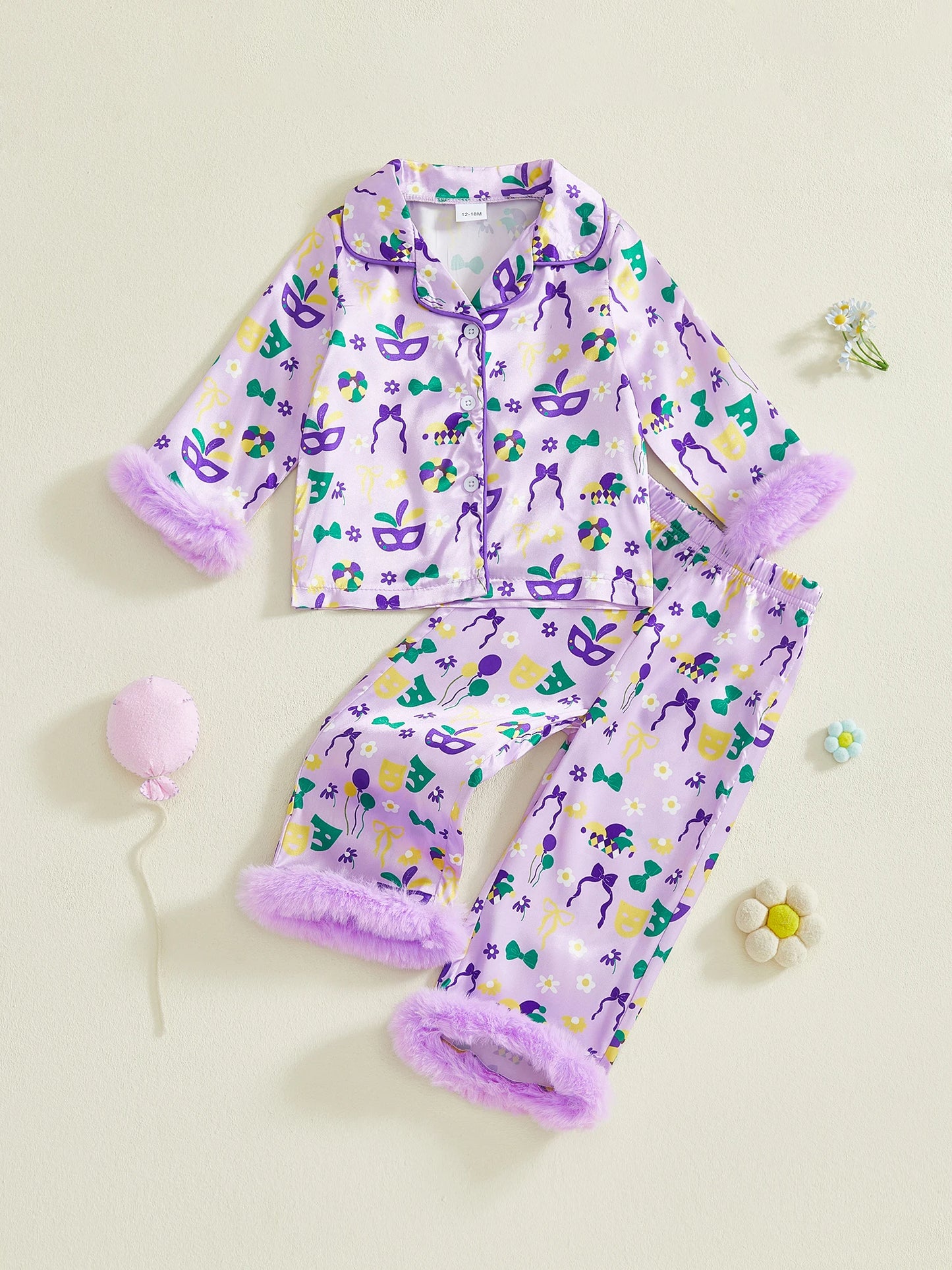 Toddler Kids Girls 2Pcs Mardi Gras Carnival Pajamas Set Long Sleeve Hat Bowtie Print Fur Cuffs Top and Pants Set Sleepwear
