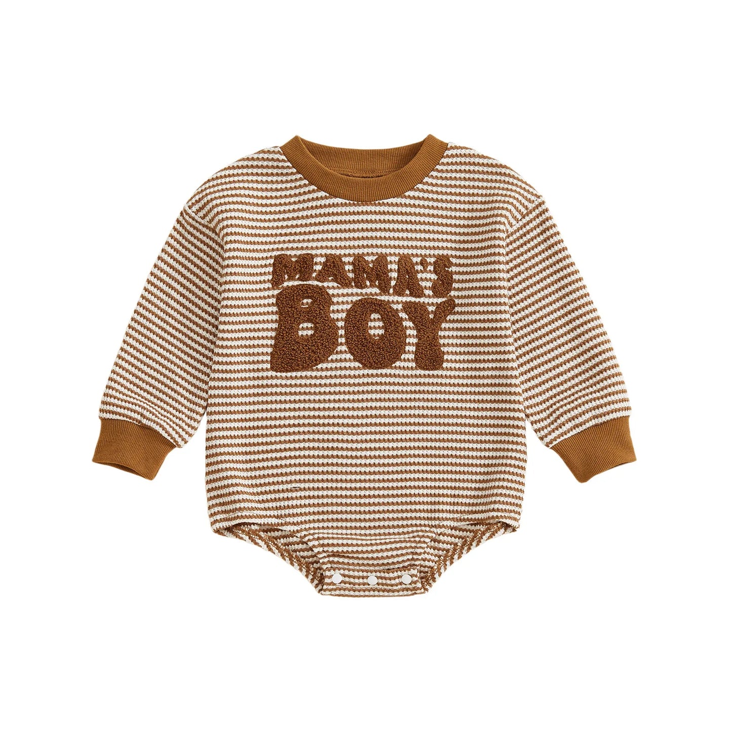 Baby Boy Romper Long Sleeve Crew Neck Striped Embroidery Mama's Boy Letters Fall Bodysuit