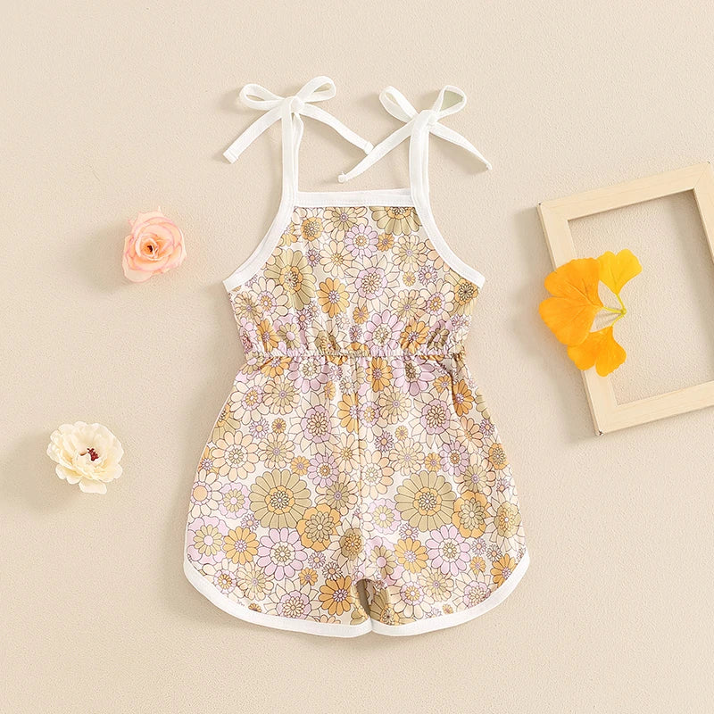 Baby Toddler Girls Summer Jumpsuit Sleeveless Tie Strap Tank Top Elastic Waist Floral Flower Print Romper Shorts Playsuit