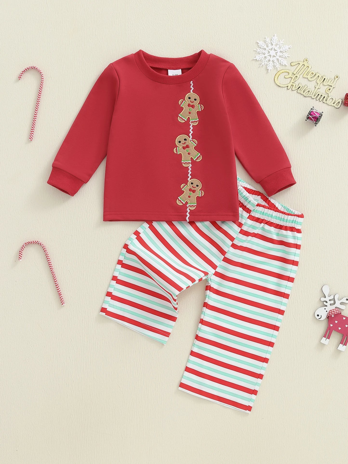 Baby Toddler Boy Girl 2Pcs Christmas Outfits Long Sleeve Gingerbread Man Embroidery Tops + Pants Set Clothes